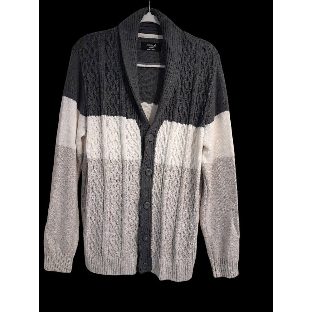 Mens Medium Color Block Cable Knit Grandpa Çardigan